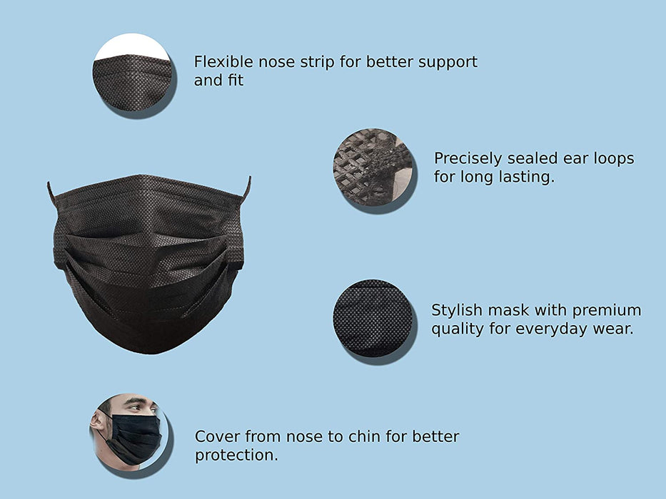 Pack of 50 Disposable Black - 3-Ply - Non-Medical Protective Disposable Mask for everyday use. (Black)